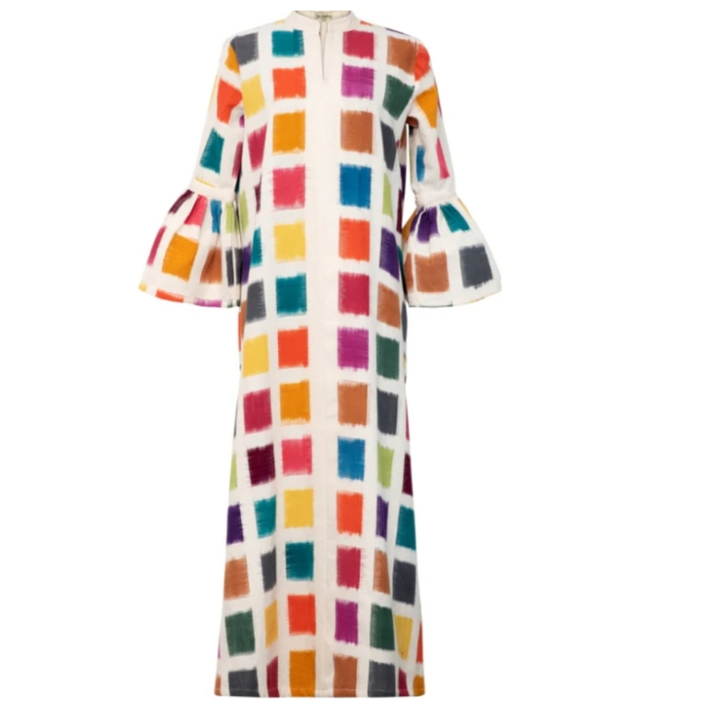 New Long Sleeve Printed Maxi Shift Dress Tunic Style Side Slits Sz.XXL - Picture 2 of 10